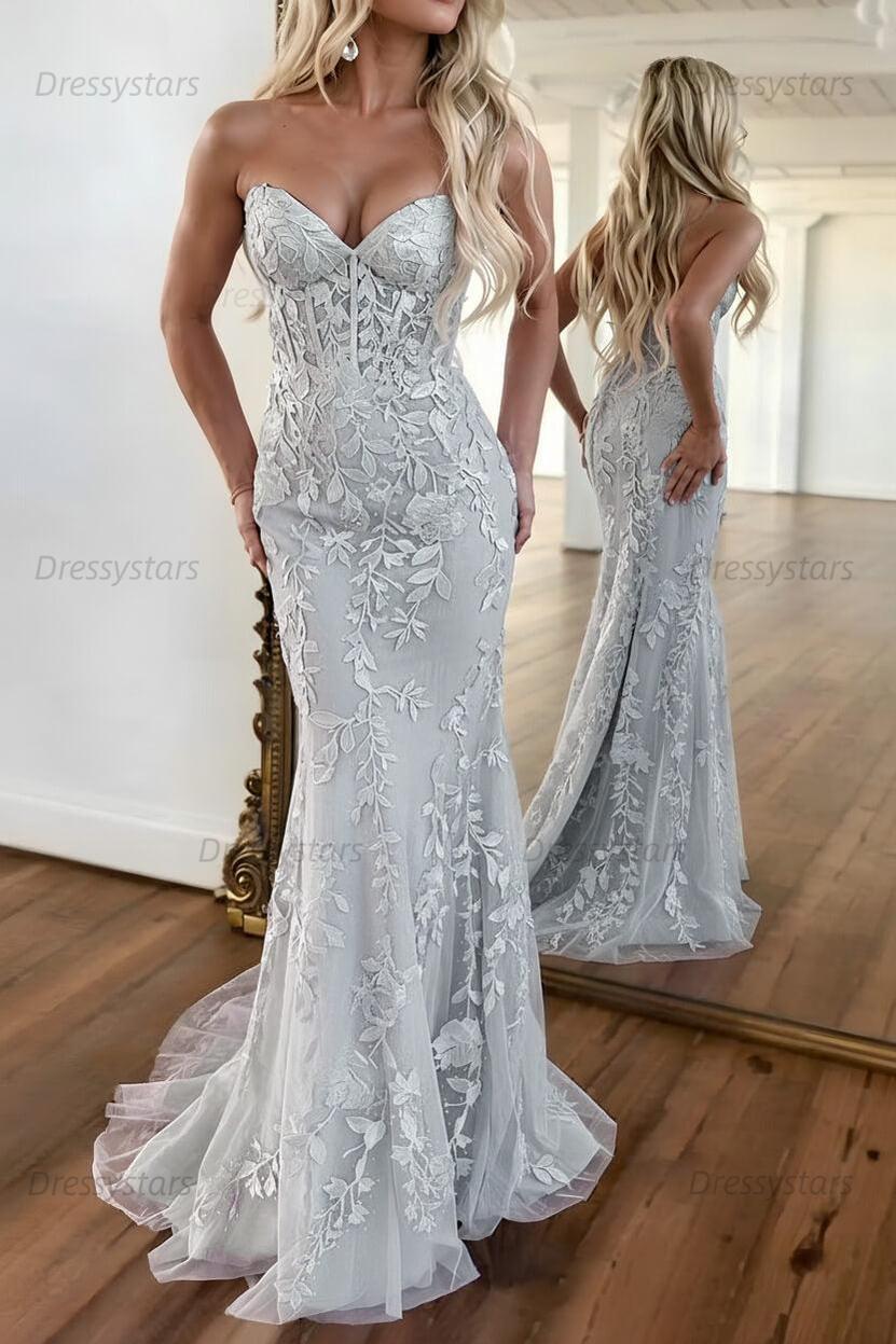 Lilac Prom Dress Corset Sweetheart Lace Mermaid Evening Formal Gown