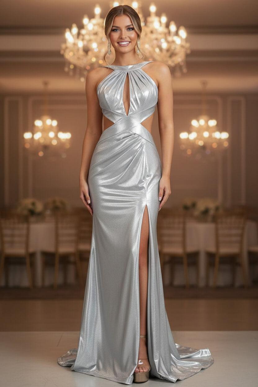 Fuchsia Metallic Mermaid Prom Dress With Slit And Open Back Formal Evening Gown