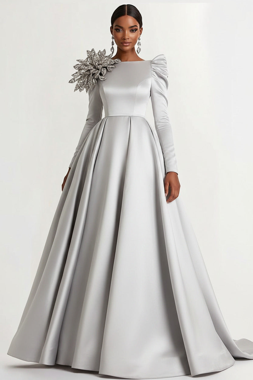 Dressystars A-Line Long Black Wedding Guest Dress Satin Boat Neck Formal Dress With Long Sleeves
