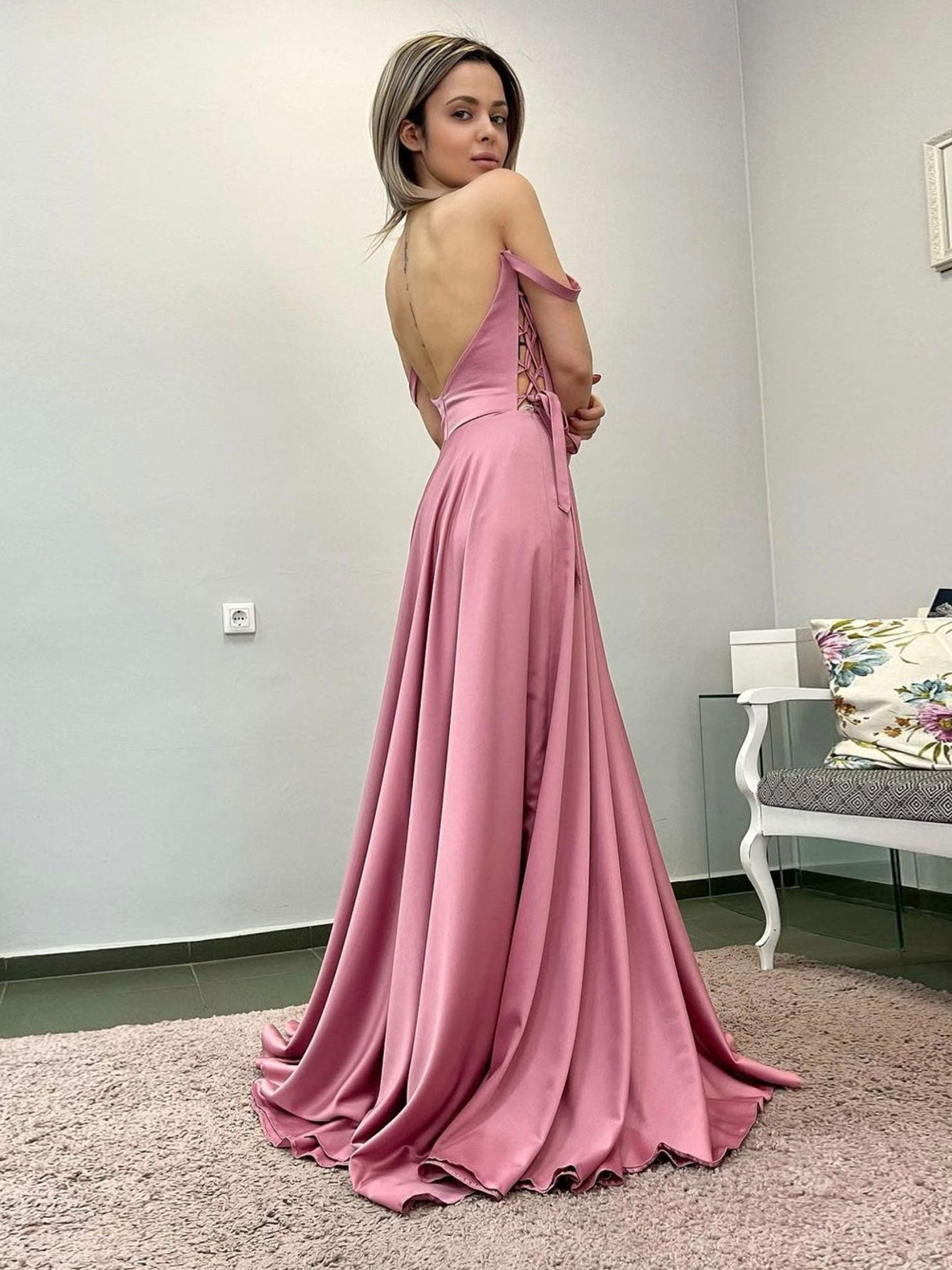 Simple A Line Satin Long Pink Prom Dress Formal Gown Evening Dress
