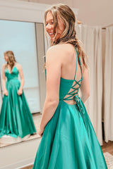 Simple A Line Spaghetti Straps Green Prom Dress Long Evening Dress with Slit
