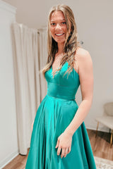 Simple A Line Spaghetti Straps Green Prom Dress Long Evening Dress with Slit