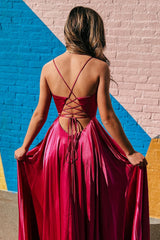 Simple A Line Spaghetti Straps Hot Pink Prom Dress Long Evening Dress with Slit