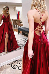 Simple A Line Spaghetti Straps Hot Pink Prom Dress Long Evening Dress with Slit