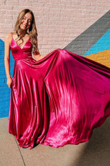 Simple A Line Spaghetti Straps Hot Pink Prom Dress Long Evening Dress with Slit