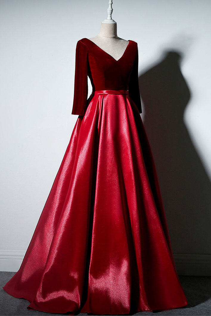 Simple A Line Velvet Formal Dress Long Sleeves Burgundy Evening Dress