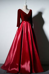 Simple A Line Velvet Formal Dress Long Sleeves Burgundy Evening Dress