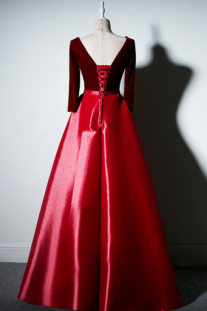 Simple A Line Velvet Formal Dress Long Sleeves Burgundy Evening Dress