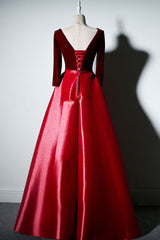 Simple A Line Velvet Formal Dress Long Sleeves Burgundy Evening Dress