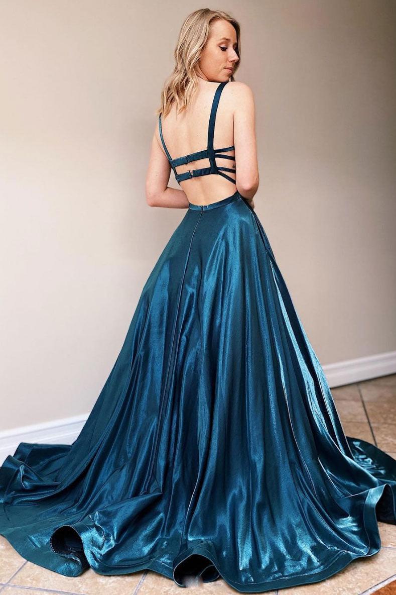 Simple Backless Satin Blue Prom Dress Long Formal Evening Dress