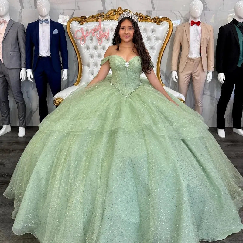 Simple Ball Gown Off Shoulder Sparkly Sequins Beaded Sage Green Tulle Quinceanera Dress For Sweet 16