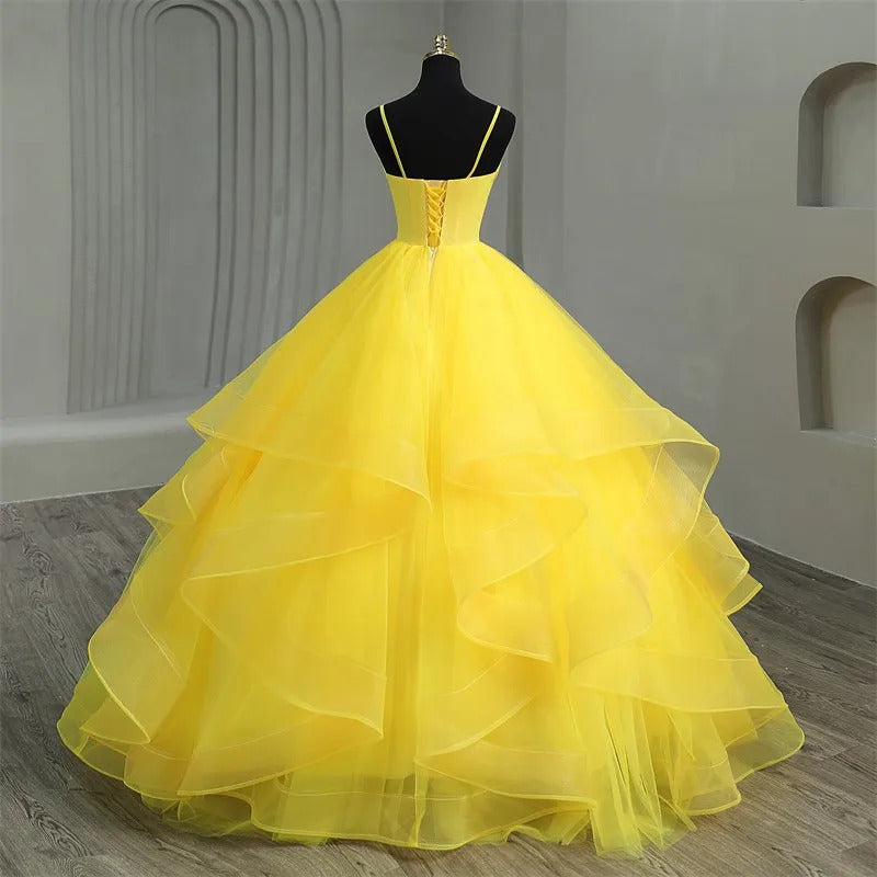 Simple Ball Gown V Neck Spaghetti Straps Tiered Yellow Tulle Quinceanera Dress For Sweet 16