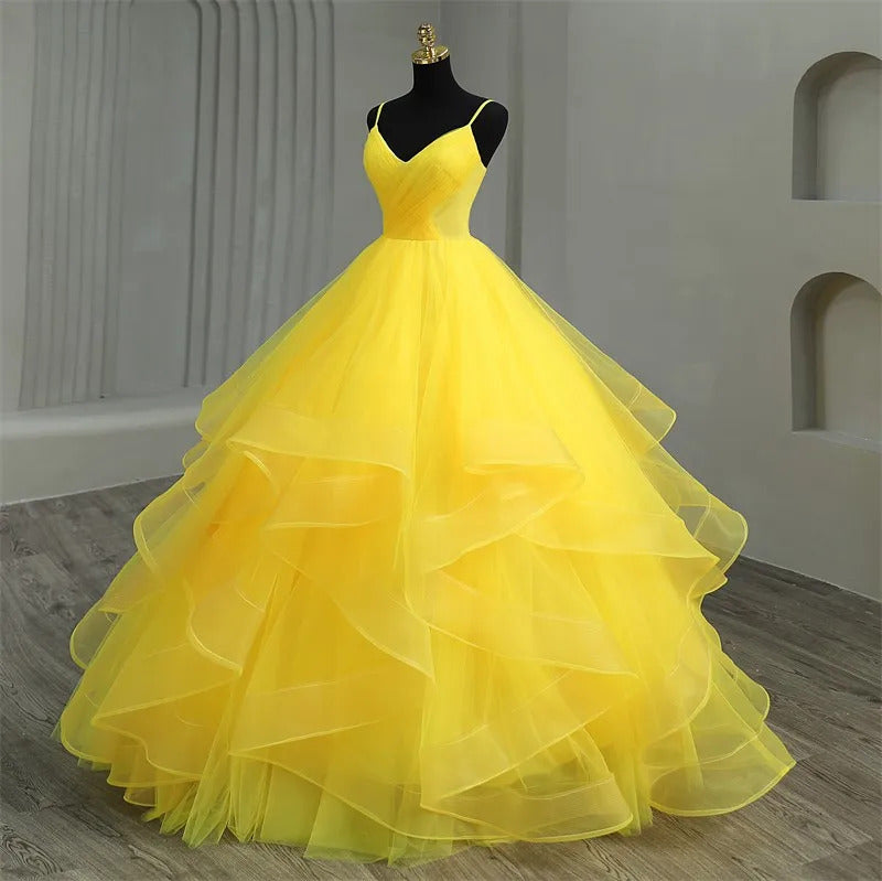 Simple Ball Gown V Neck Spaghetti Straps Tiered Yellow Tulle Quinceanera Dress For Sweet 16