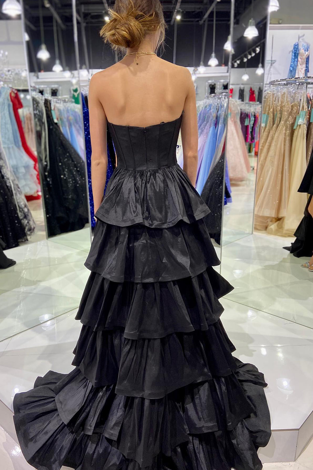 Simple Black Prom Dress A Line Corset Sweetheart High Low Tiered Evening Dress