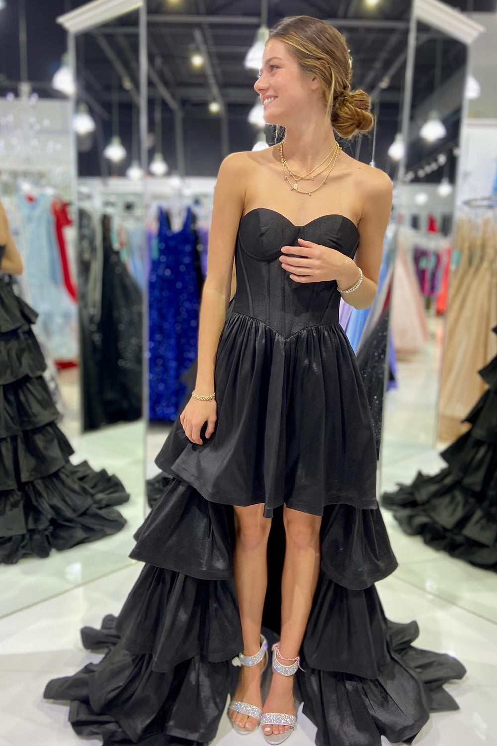Simple Black Prom Dress A Line Corset Sweetheart High Low Tiered Evening Dress