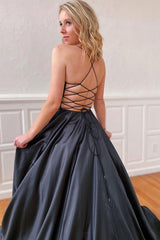Simple Black Prom Dress V Neck Satin Long Formal Gown Evening Dress