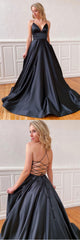 Simple Black Prom Dress V Neck Satin Long Formal Gown Evening Dress