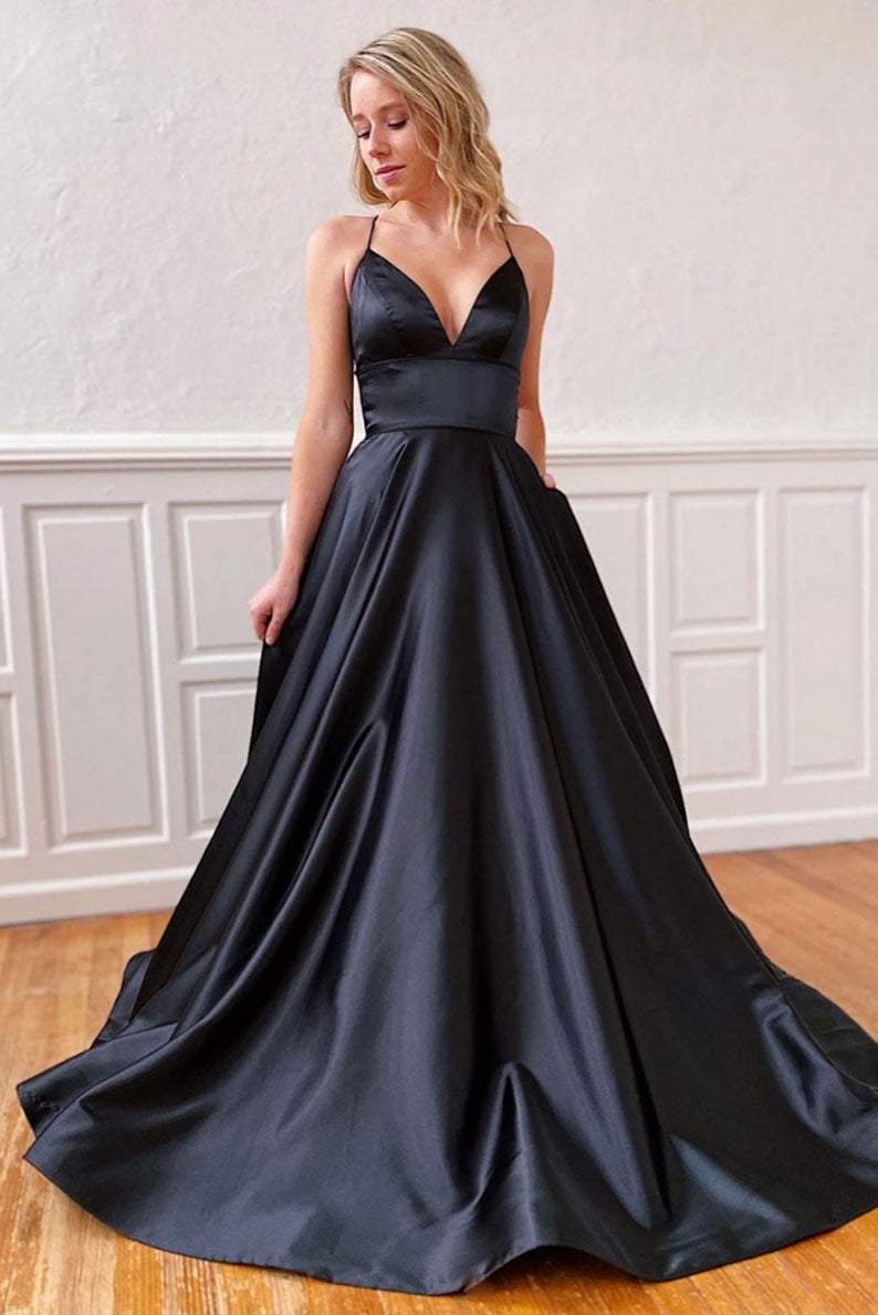 Simple Black Prom Dress V Neck Satin Long Formal Gown Evening Dress