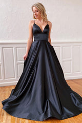 Simple Black Prom Dress V Neck Satin Long Formal Gown Evening Dress