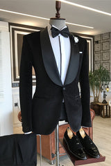 Simple Black Shawl Lapel 2 Piece Corduroy Wedding Suit
