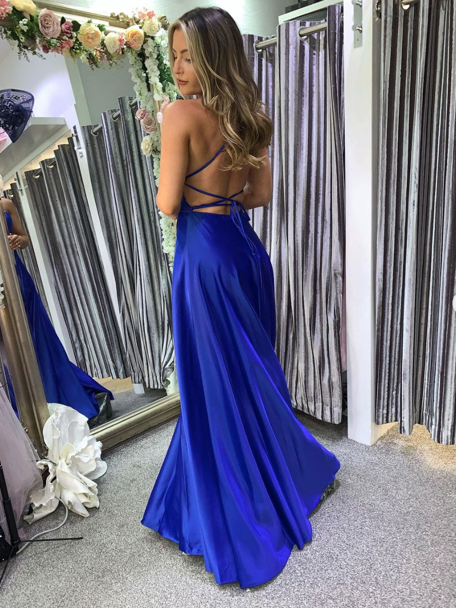 Simple Blue Prom Dress Satin Long Evening Dress