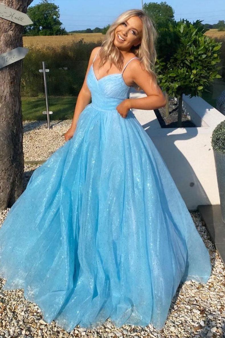 Simple Blue Prom Dress Tulle Sequin Long Formal Dress Evening Dress