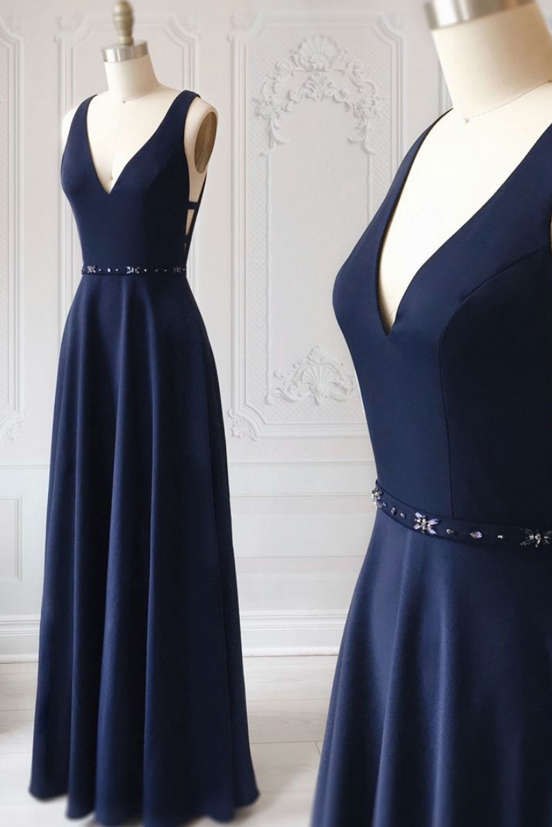 Simple Blue Prom Dress V Neck Long Formal Gown Evening Dress
