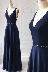 Simple Blue Prom Dress V Neck Long Formal Gown Evening Dress
