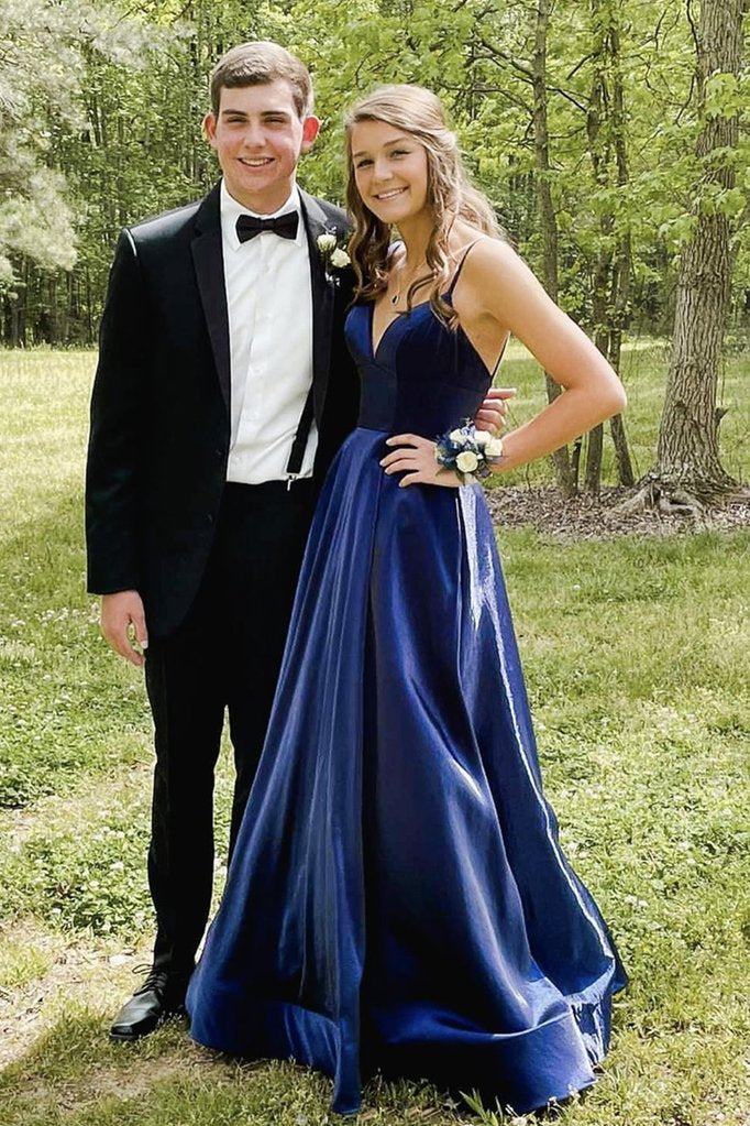 Simple Blue Prom Dress V Neck Satin Long Formal Evening Dress