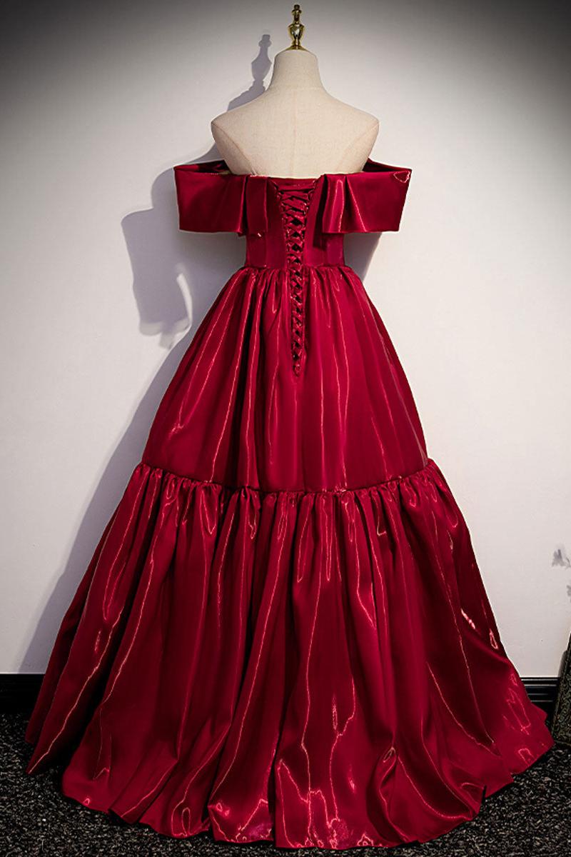 Simple Burgundy Prom Dress Off the Shoulder Satin Long Formal Evening Dress