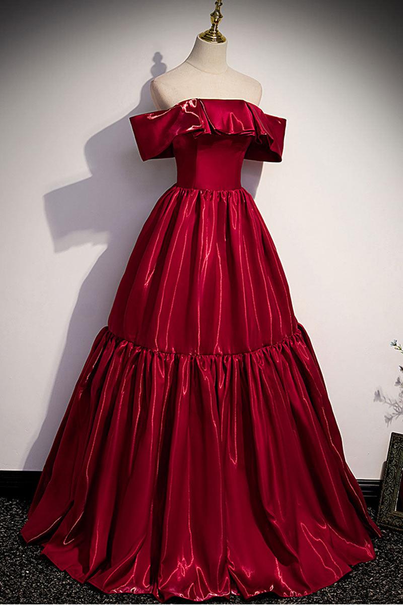 Simple Burgundy Prom Dress Off the Shoulder Satin Long Formal Evening Dress