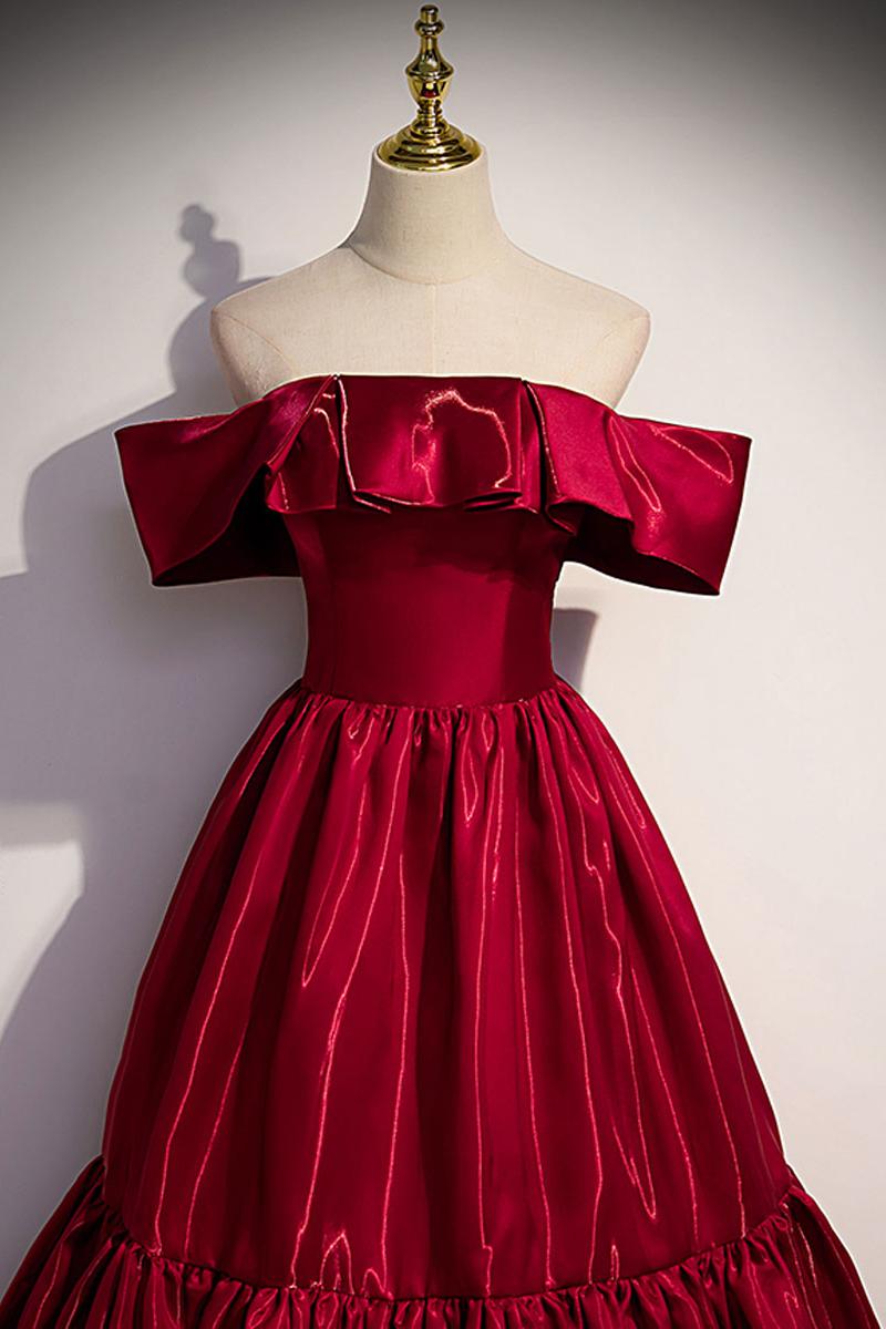 Simple Burgundy Prom Dress Off the Shoulder Satin Long Formal Evening Dress