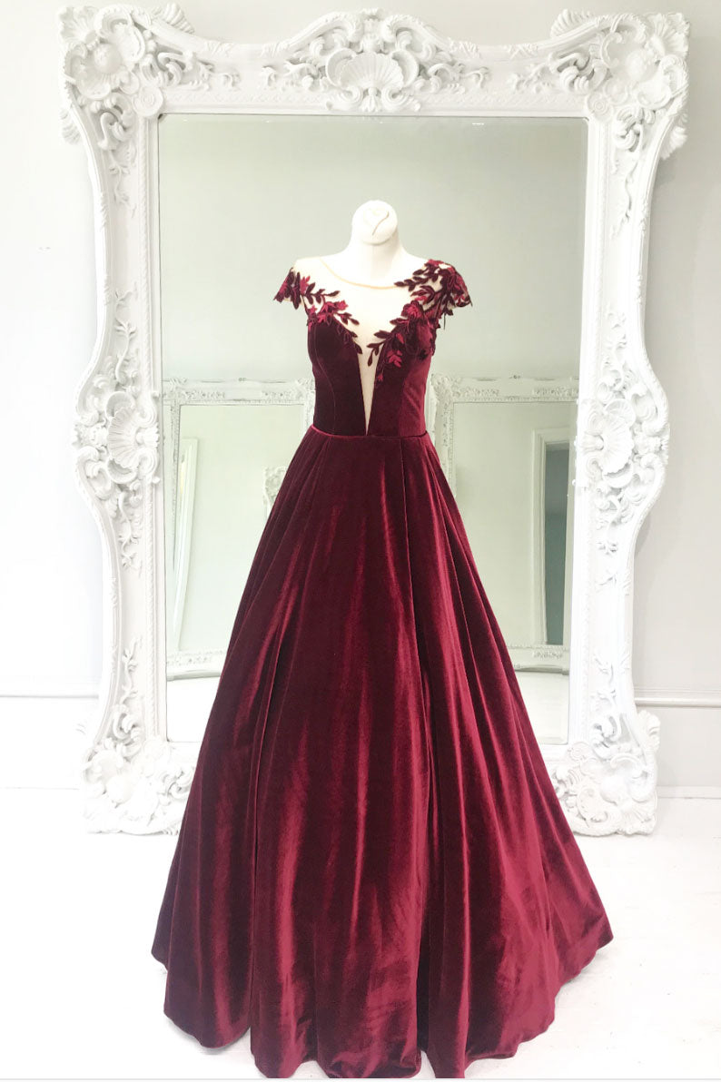 Simple Burgundy Velvet Formal Dress Lace Long Christmas Party Dress