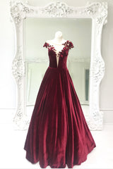 Simple Burgundy Velvet Formal Dress Lace Long Christmas Party Dress