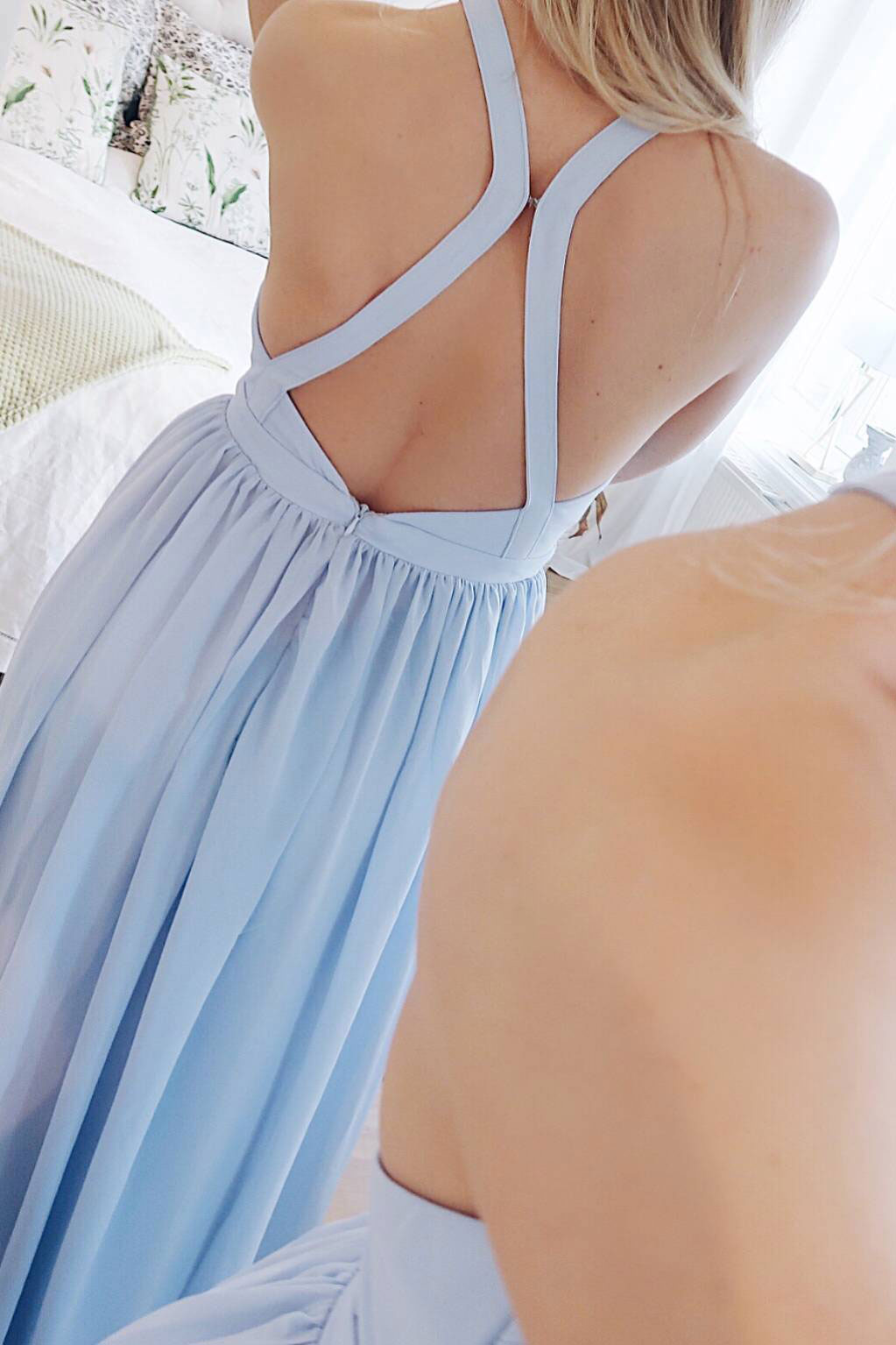 Simple Crew Neck Chiffon Blue Prom Dress Long Formal Evening Dress