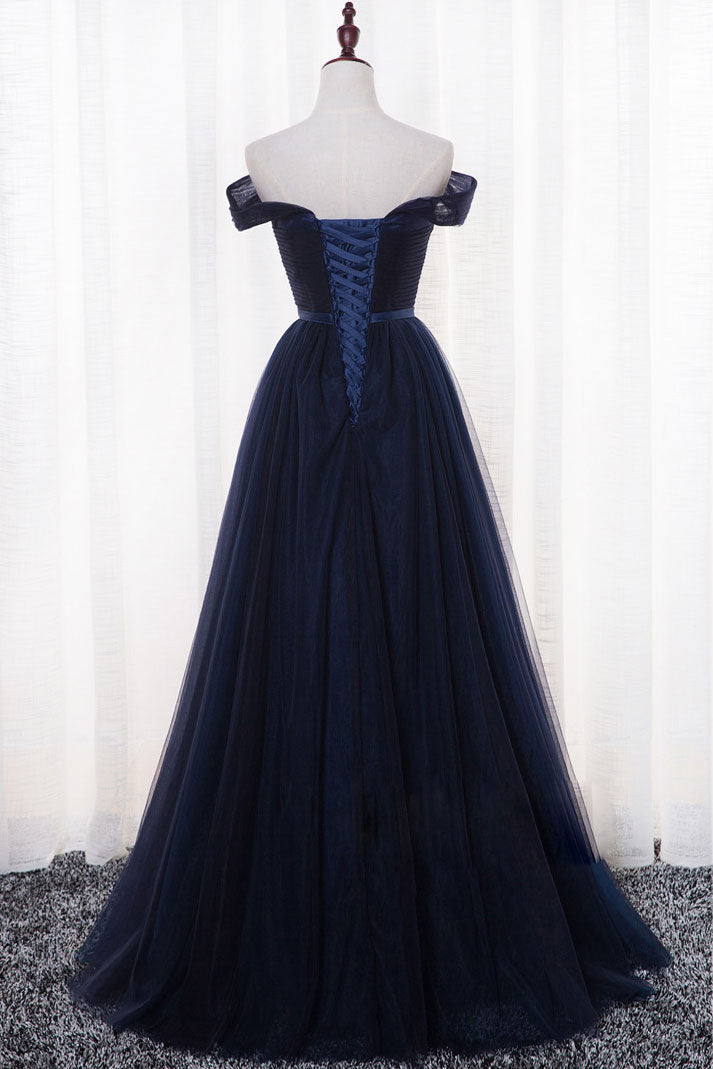 Simple Dark Blue Prom Dress Tulle Long Formal Evening Dress