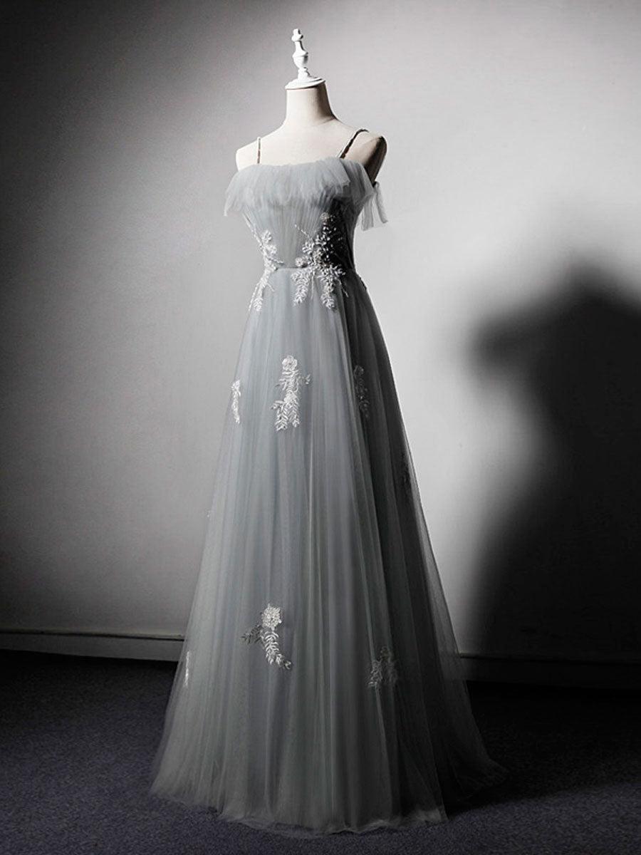 Simple Gray Prom Dress Tulle Lace Long Formal Dress Evening Dress