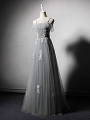 Simple Gray Prom Dress Tulle Lace Long Formal Dress Evening Dress
