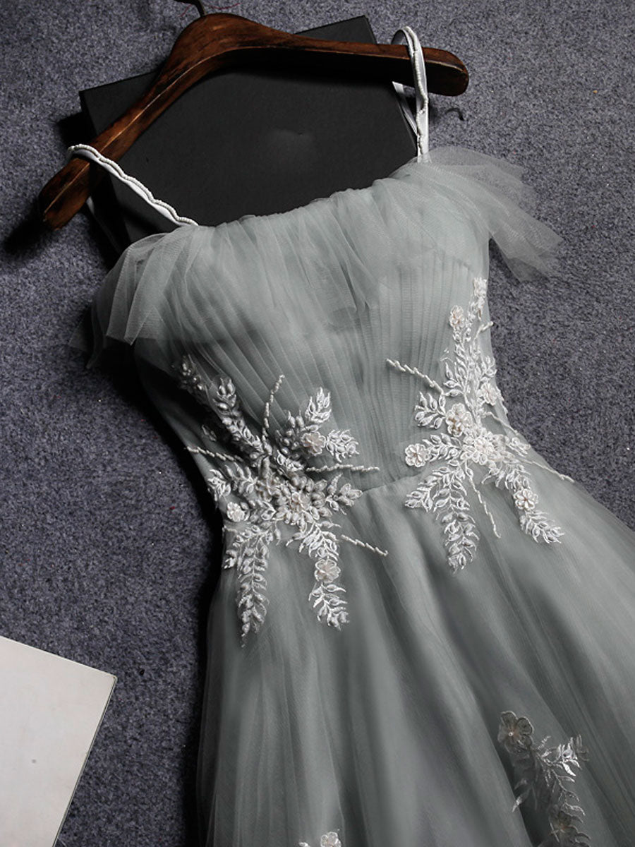 Simple Gray Prom Dress Tulle Lace Long Formal Dress Evening Dress