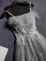 Simple Gray Prom Dress Tulle Lace Long Formal Dress Evening Dress