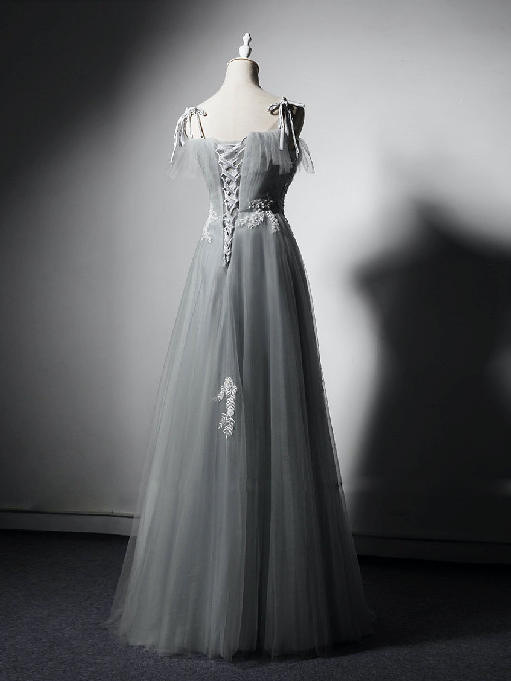 Simple Gray Prom Dress Tulle Lace Long Formal Dress Evening Dress