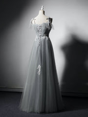 Simple Gray Prom Dress Tulle Lace Long Formal Dress Evening Dress