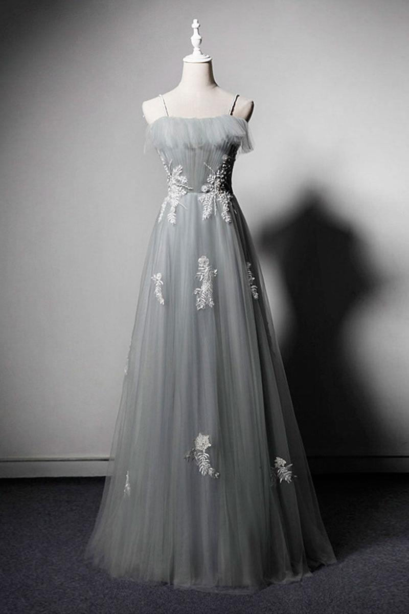 Simple Gray Prom Dress Tulle Lace Long Formal Dress Evening Dress