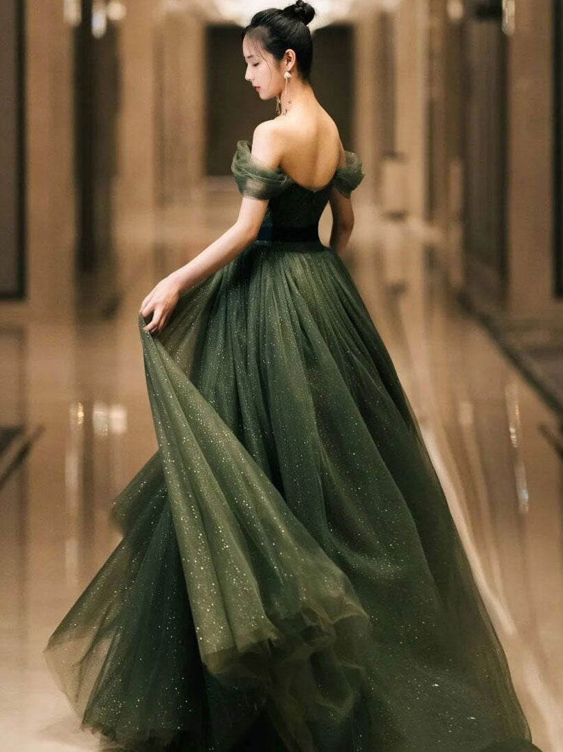 Simple Green Prom Dress A Line Tulle Off the Shoulder Long Evening Dress