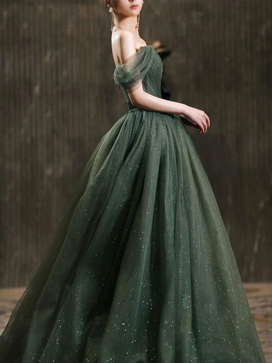 Simple Green Prom Dress A Line Tulle Off the Shoulder Long Evening Dress