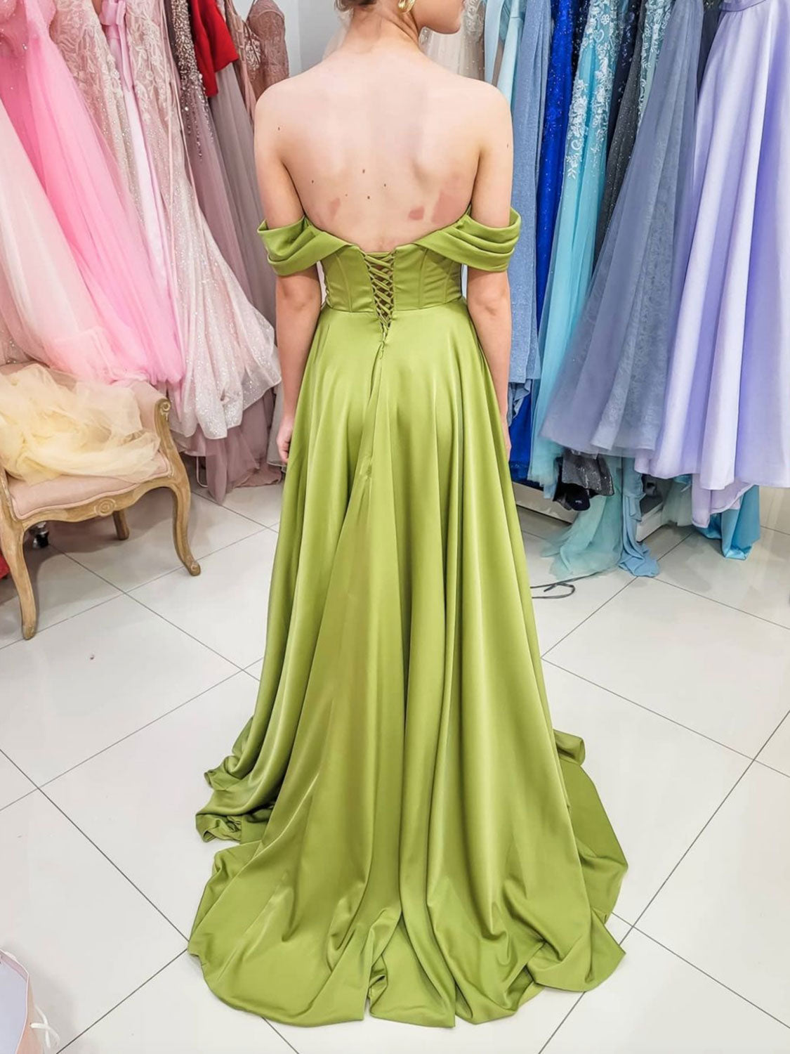 Simple Green Prom Dress Off the Shoulder Satin Long Formal Gown Evening Dress