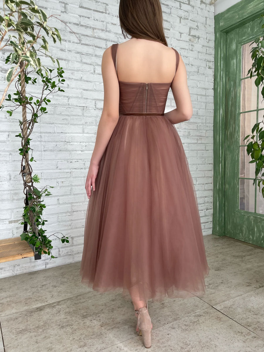 Simple Homecoming Dress A Line Tea Length Brown Short Party Cocktail Dress