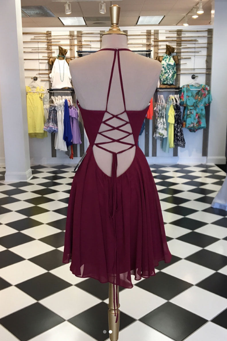 Simple Homecoming Dress Burgundy Chiffon Short Party Cocktail Dress