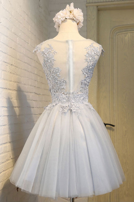 Simple Homecoming Dress Round Neck Lace Appliques Tulle Short Party Cocktail Dress