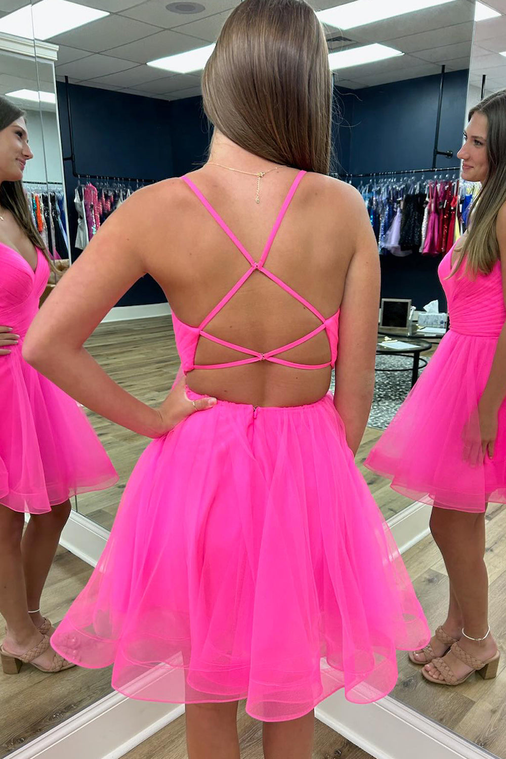 Simple Hot Pink Homecoming Dresses Lace-Up Back A-Line Organza Short Cocktail Dresses